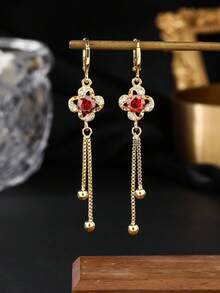 1 Pair 18K Gold Plated Copper Delicate Chic Luxury Red Heart Knot Fashion Earrings, Gift For Women, Suitable For Daily Wear - Yellow Gold - View 2