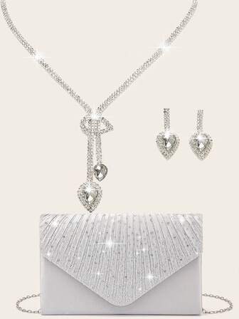 4 件套女士水钻晚宴手拿包水钻耳夹新娘婚礼颈链手链吊坠闪亮钱包手拿包信封晚宴包女士舞会闪亮手提包带可拆卸链条适合婚礼和派对女士单肩包