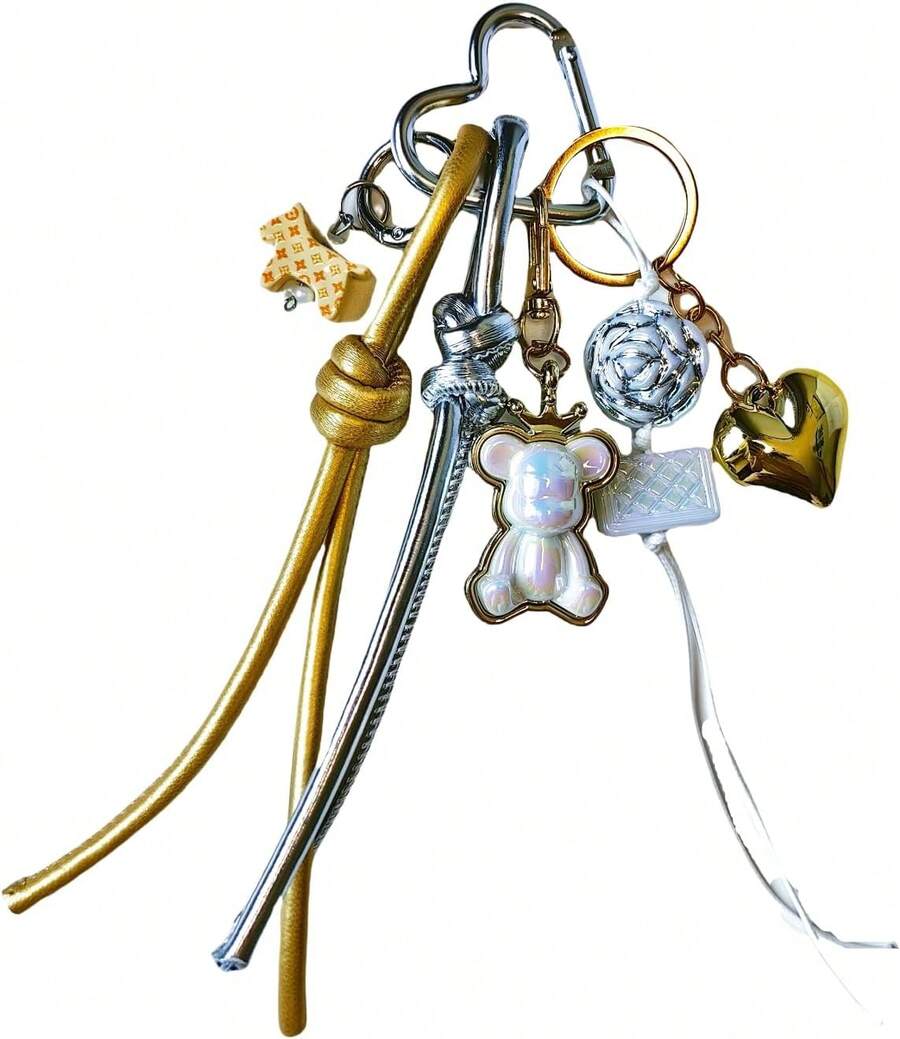 7-In-1 Luxury Bag Charm Set With Gold-Trimmed Bear,Hearts & Flower,Equestrian Pony For Designer Tote Purse & KeychainsChristmas - 1 - Xem 1