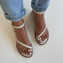 Women's Flat Sandals With Embellished Details, Pink Toe, Elegant, Blogger, Luxury, Tropical, Outdoor, Buckle - 白色 - 查看 4