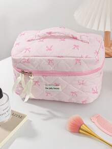 1 pièce/set Sac de rangement cosmétique grande capacité avec design nœud papillon rose et dentelle. Sac de rangement à cordon pour produits de soins de la peau de voyage. Sac pour serviettes hygiéniques, indispensable pour les courts voyages. Sac de maquillage et portable multifonctionnel pour ranger le rouge à lèvres, les serviettes hygiéniques, les pièces, les clés, etc. Grand sac de lavage mignon pour l'organisateur de voyage, sac cosmétique pour voyage, cadeau pour la fête des mères, cadeau pour la rentrée scolaire