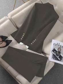 1 Set Women's Suit Jacket And Pants, Button Closure - Gray-black - View 2
