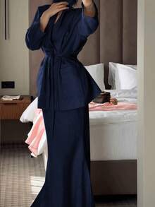 女士优雅单排扣西装外套搭配纯色半裙套装，尽显高贵典雅的春季风情 - 寶藍色 - 查看 7