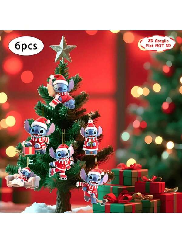 6 piezas Adornos navideños con personaje de dibujos animados Stitch, decoración navideña para interiores/exteriores, adecuado para Halloween, regalos de Navidad, recuerdos de fiesta, decoraciones navideñas