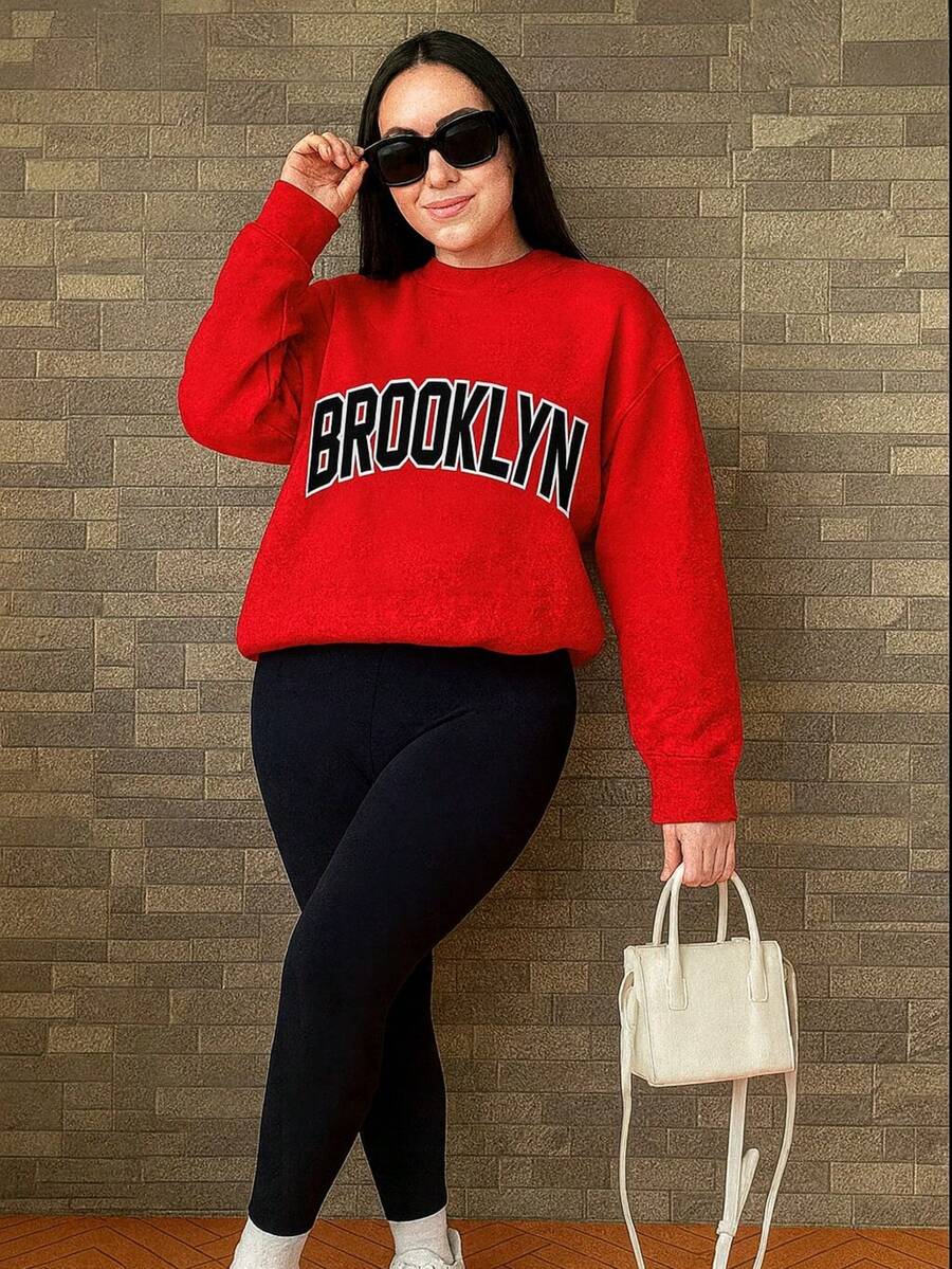 sudadera holgada con estampado grafico cuello redondo - Rojo - Ver 1