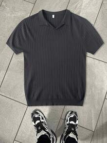 GRDR Men's Loose Thin Ribbed Polo Collar Knit Shirt, Short Sleeve, Summer - Dark Grey - View 4