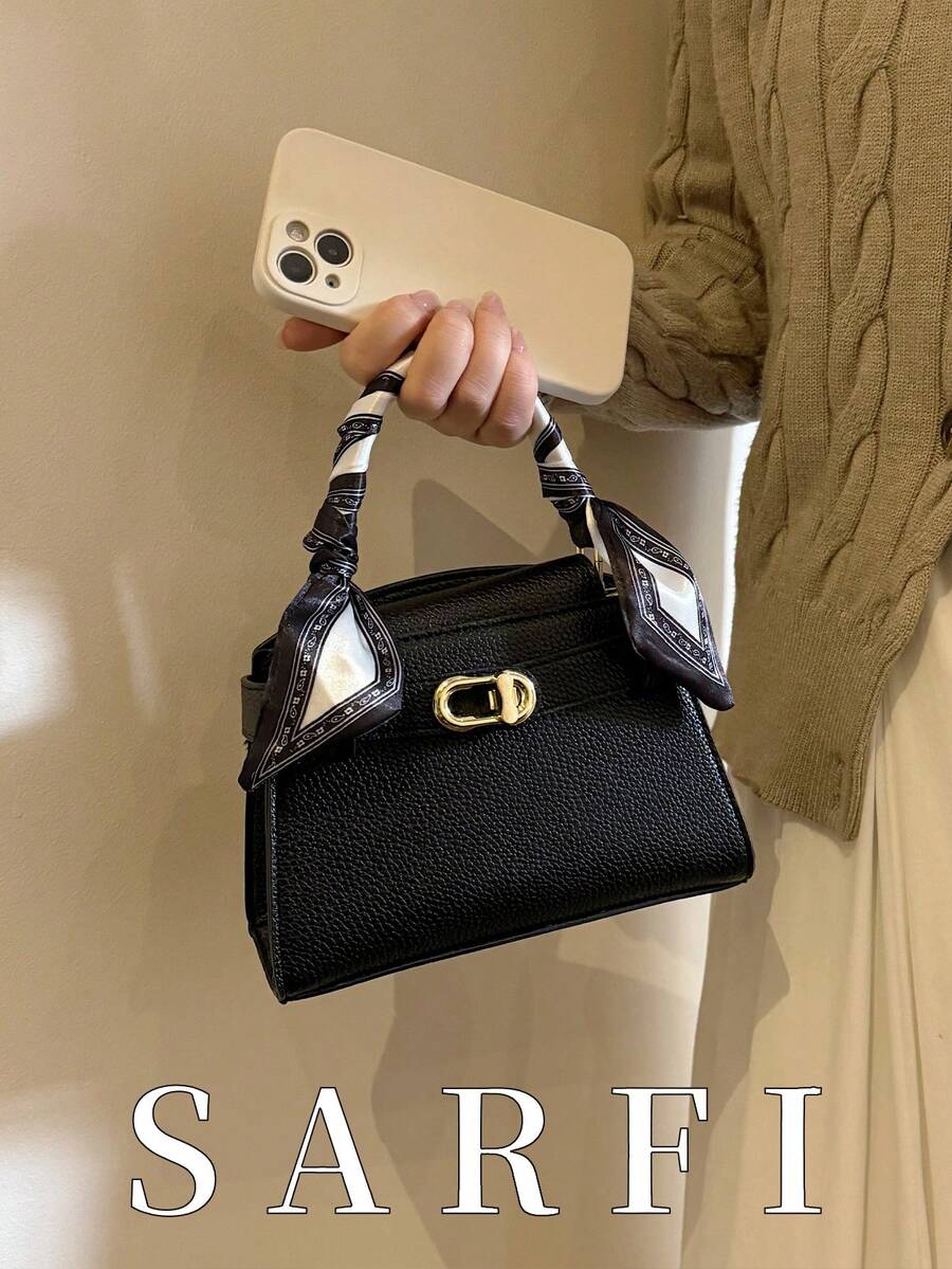 Túi xách nữ thời trang hiện đại với khóa kim loại trang trí, cao cấp, khăn lụa trang trí, túi đeo vai màu trơn mới, dây đeo điều chỉnh được, thích hợp cho mùa thu/đông.