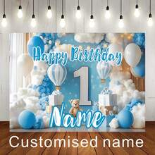 Customisable Name Blue Hot Air Balloon Bear Happy Birthday Backdrop Blue And White Balloon Gift Box Decorations Personalised Theme Party Backdrop Decorations Photography Props Vinyl