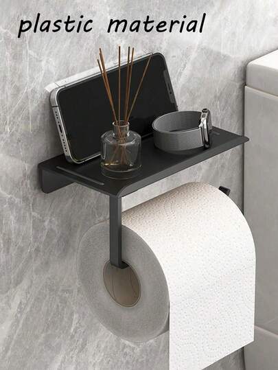 Portarrollos de papel higiénico autoadhesivo y montado en la pared, adecuado para cocina y baño, de aproximadamente 17,0 cm (6,7 pulgadas), con estante de almacenamiento, cinta autoadhesiva, portarrollos de papel higiénico montado en la pared, negro mate