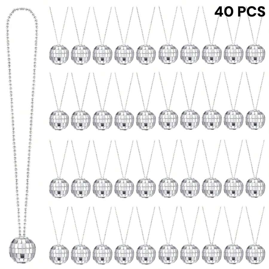 40 Pcs Mirror Disco Ball Fashion Necklaces For Man Women Party Decoration, Silvery Hanging Disco Ball Necklaces For 70s Party Dancing Party Favor, Party Accessories - 銀色 - 查看 1
