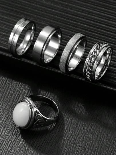 5 anéis masculinos de aço inoxidável, fundição de pedras preciosas na cor prata, anéis duráveis e estáveis, incluindo anel giratório para alívio de estresse, anéis com acabamento fosco, adequados para casamento, presente para namorado/marido, uso diário