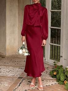 Satin Long Sleeve High Neck Ruched Asymmetrical Elegant Formal Dress, Suitable For Cocktail Party, Bridesmaid - Burgundy - View 3