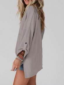 Plus Women's Solid Color Pocket Loose V-Neck T-Shirt - Grey - View 4