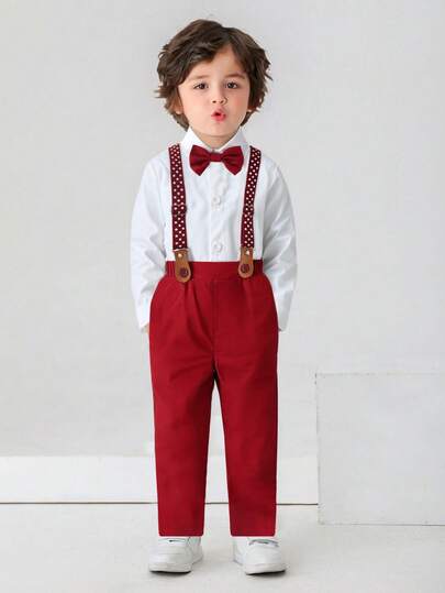 BOARNSEORL 小男孩绅士装 - 白色长袖衬衫搭配领结和红色裤子，Fashionabantic，适合户外婚礼、新年派对、圣诞派对、生日派对、1 岁生日派对