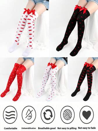 Red Lips Love Valentine's Day Long Socks Date Party Over Knee Socks Cute Bow Long Socks 1pair