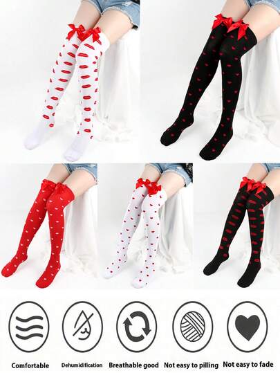 Red Lips Love Valentine's Day Long Socks Date Party Over Knee Socks Cute Bow Long Socks 1pair