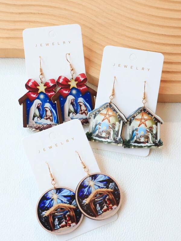 1 Pair Vintage Christmas Wooden Manger Nativity Scene Earrings With Bethlehem Star Jesus Birth Religious Baptism Earrings, Holiday Gift