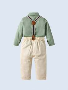 BOARNSEORL 2pcs Baby Boys Gentleman Outfit Set, Collared Shirt With Bowknot And Overalls Pants, Fashionable & Dapper For Birthday Party, Wedding, Banquet - Khaki - View 3