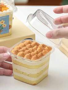 10pcs/20pcs Square Wooden Pudding Cup With Spoon, Fruit Cream Cake, Mousse Cake Takeout Box - Transparent - View 4