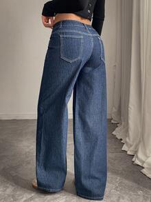 Women's Long Striped Wide Leg Jeans, Casual Style With Buttons, Zipper And Pockets, Non-Stretch, Comfortable And Breathable - Dark Wash - View 5