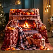 Cozy Fireplace With Pumpkins Printed Blanket - Soft Lightweight Flannel, All-Season Warmth For Sofa, Bedroom, Living Room, Bed, Couch, Chair, Office, Camping - Machine Washable, Contemporary Style, Perfect Gift For Family & Friends, Fireplace Decor