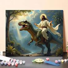 1PC Paint By Number Kits, Jesus Riding A Dinosaur - Dinosaur Themed Religious Art - Wall Decor For Home, Cafe, Office, Living Room - Combines Religious And Dinosaur Elements In An Interesting Way - Ideal For Fashion & Dinosaur Lovers - DIY Painting Kit For Adults Beginners - Acrylic Paint By Numbers With Canvas & Brushes, Complete Art Sets For Home Wall Decor, Living Room, Bedroom, Office(Frameless) - 24色 - 查看 4