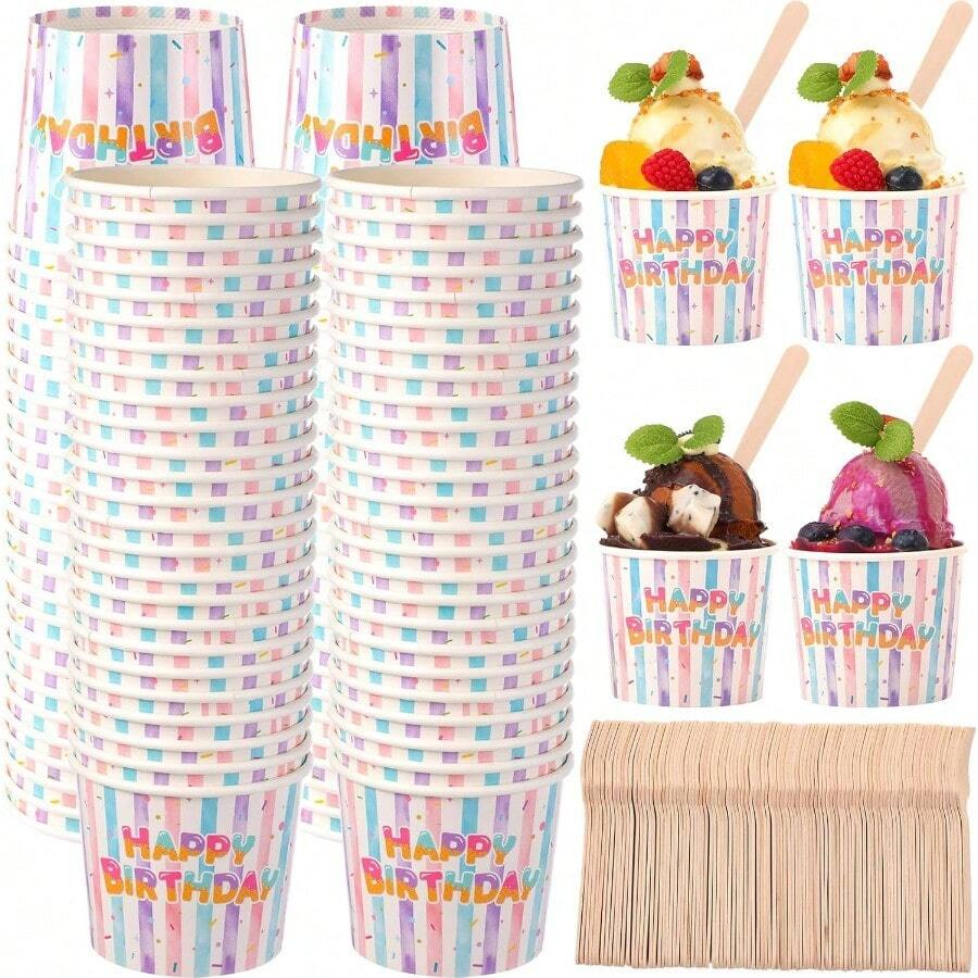 D100 Sets Happy Birthday Ice Cream Party Plies 6 Oz Paper Ice Cream Cups With Wood Spoons BulkBirthday Disposable Sundae Dert Bowls For Hot Or Cold Food Yogurt Bar - 豐富多彩的 - 查看 1