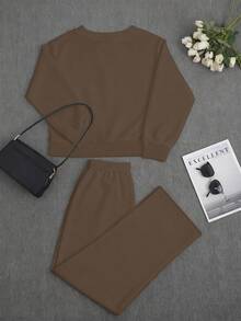 Women's Casual V-Neck Ribbed Sleeve Long Sleeve Top + Long Pants Set, Comfortable & Minimalist, Autumn/Winter - Brown - View 4