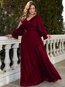 UNITHORSE Deep V-Neck Long Sleeve Pleated Chiffon Dress - Burgundy - View 2