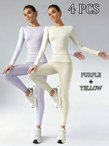 4 PCS Women,Workout Sets Women,Women's Solid Color Minimalist Casual Long Sleeve Top And Pants Set-Lined Set,Yoga Set - Purple+Yellow - View 1
