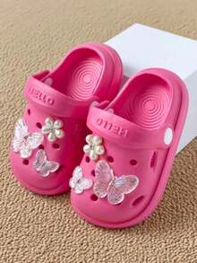 HAHABOBO 1 Pair Fashion New Girls Summer Slippers, EVA Material, Decorated With 3D Pearls And Butterflies, Lightweight And Soft, Closed Toe Design, Suitable For Indoor And Outdoor Wear, Ideal For School, Swimming Pool, Party, Beach, Christmas, Travel And Other Occasions - Red - View 4
