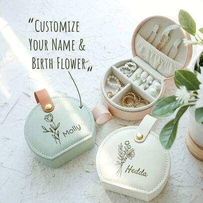1pc Custom Jewelry Bag, Personalized Travel Jewelry Box, Custom Name And Birth Flower Jewelry Box Small Square Earrings Organizer With Handle Bridesmaid Wedding Gift Box For Sisters And Friends, Birthday, Wedding, Mother's Day, Valentine's Day, Party, Custom Small Gifts,Multi-Functional, ,Ornamental,Reusable,Exquisite,Stylish,High-Qu