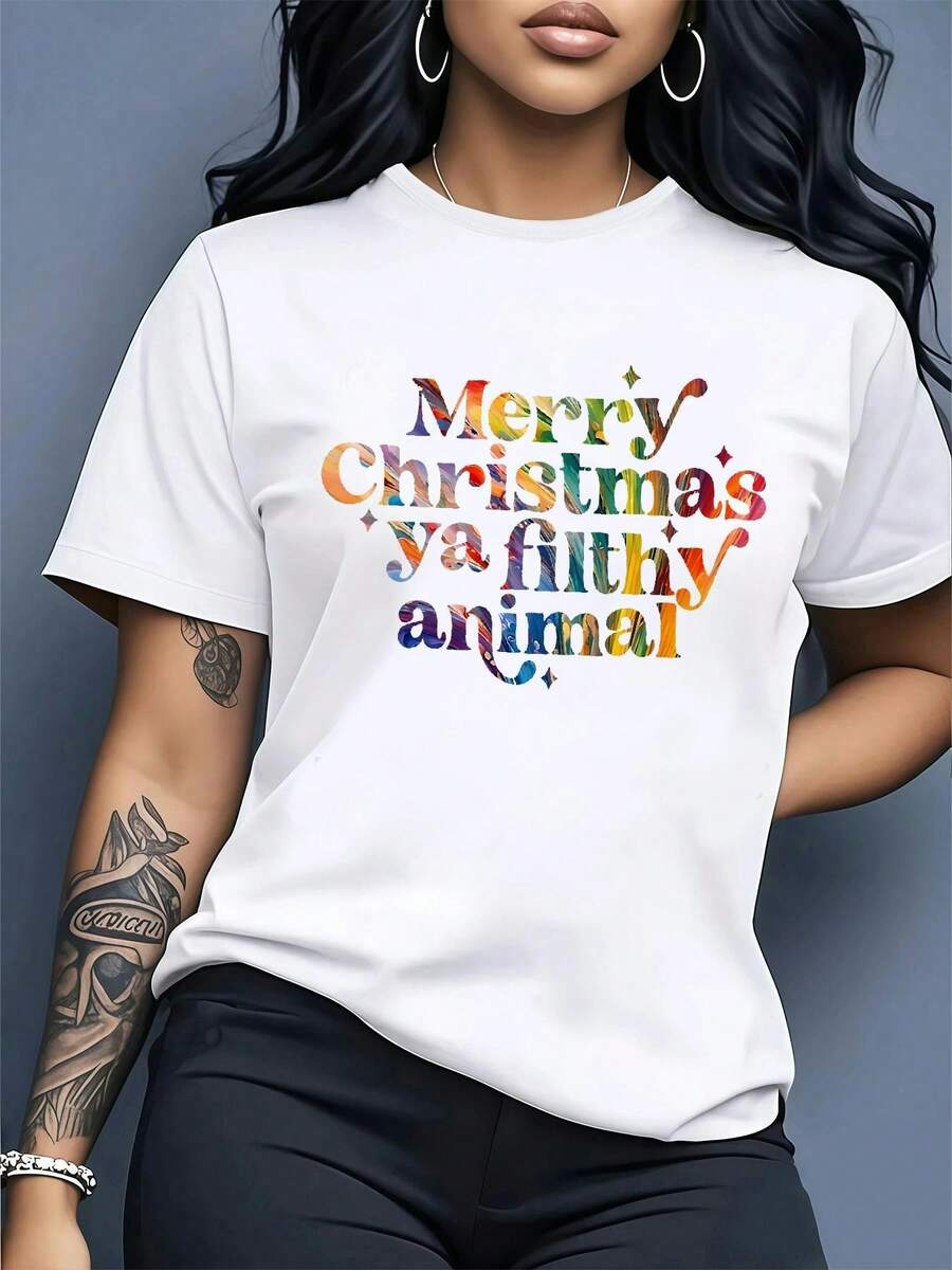 Camiseta De Navidad Para Mujer - Estampado De Feliz Navidad Y Felices Fiestas Con Papá Noel, Reno Y Copos De Nieve - Camiseta Suave De Cuello Redondo Y Corte Holgado Para El Día A Día Y Fiestas Navideñas, Camisetas De Navidad Para La Familia, Ropa De Temporada, Diseño Festivo, Tejido Cómodo, Camiseta De Cuello Redondo, Dña A Día Y Fiestas Navide - Blanco - Ver 1