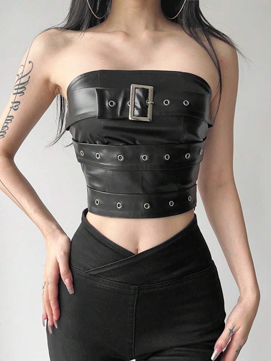 Top brillante con hombros descubiertos y espalda descubierta - Negro - Ver 1