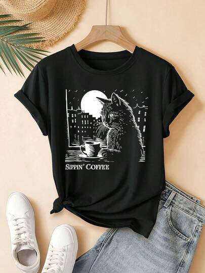 Women'S Casual Graphic Tee - Sips Coffee Cat Design, Short Sleeve Crew Neck, Lightweight Polyester, Machine Washable, Perfect For Spring & Summer Outfits, Everyday Tshirt  Coffee Theme Apparel  Machine Washable Top, Ladies T Shirts