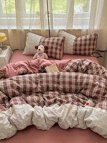 Set de lenjerie de pat pentru dormitor, 3/4 bucăți, moale și confortabil, cu dantelă, model în carouri, de înaltă calitate, include 1 husă de pilotă, 1 cearșaf, 1/2 fețe de pernă, fără umplutură, potrivit pentru dormitor, cămin, uz casnic, disponibile în mai multe dimensiuni