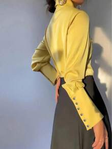 Plus Size Women's Solid Long Sleeve Pointed Collar Elegant Office Shirt - 黃色 - 查看 3