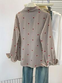 Damen Hemd mit Herz-Muster und Streifen, Knopfkragen mit Taschen, elegant für Büro, Pendeln und Freizeitbekleidung, geeignet für Herbst, Winter und Frühling - Khaki - Übersicht 3