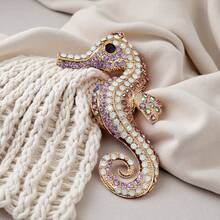 1 件复古秋冬可爱水钻海马胸针，创意海洋动物服装配饰别针