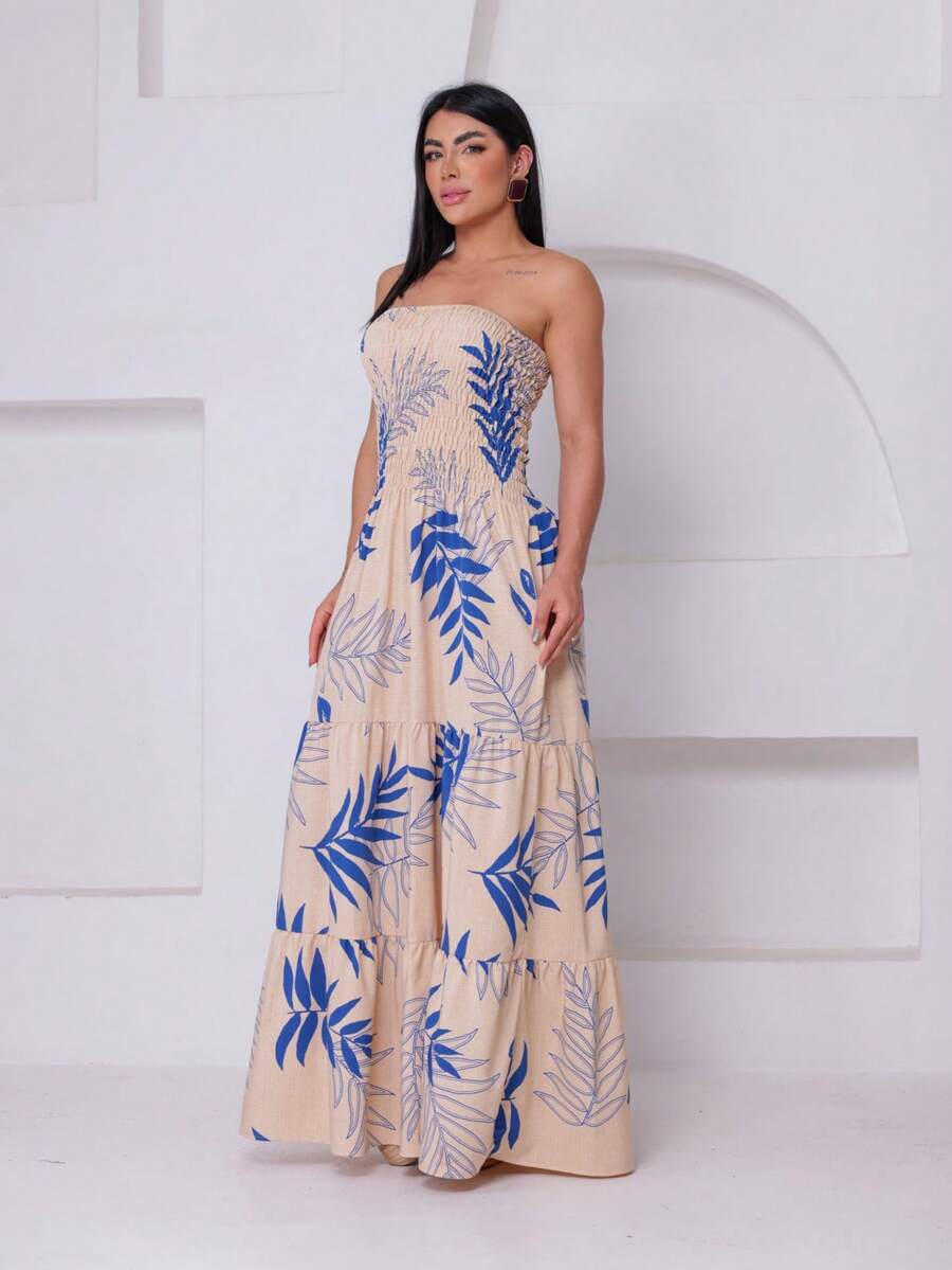 Women's Long Lastex Strapless Dress With Leaf Print - Màu be với màu xanh - Xem 1