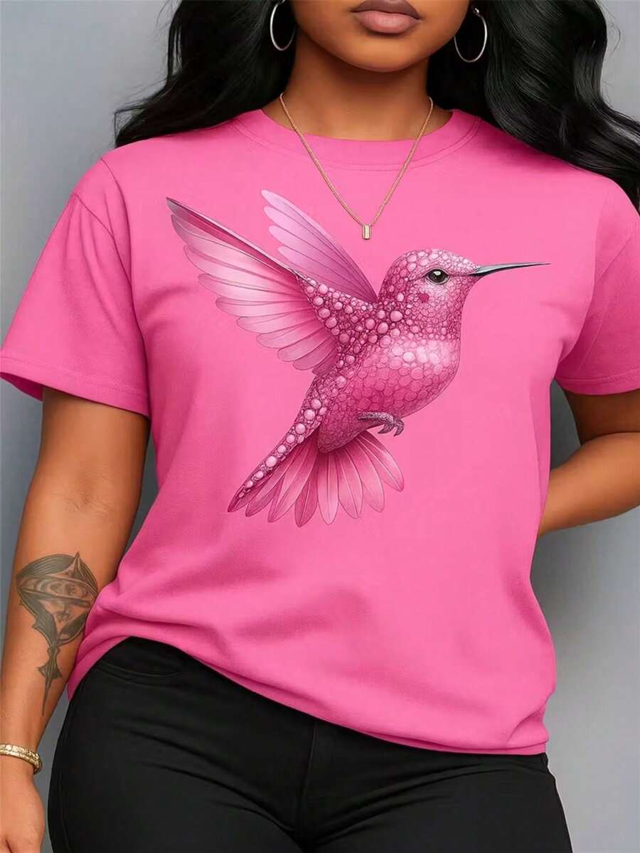 Playera camiseta gráfica dama mujer manga corta cuello redondo básica cómoda fresca ligera moderna juvenil casual estampado colibrí ave linda tierna cute primavera verano - Rosa Fucsia - Ver 1