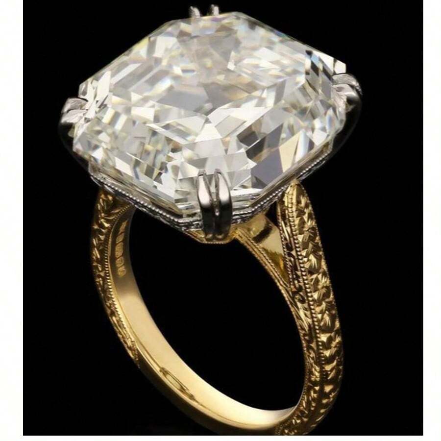 14k Gold Plated Copper Ring With Shiny Rectangular Cubic Zirconia, Engagement Ring And Wedding Band Symbolizing Beauty And Elegance, Perfect Anniversary/Birthday/Valentine's Day Gift