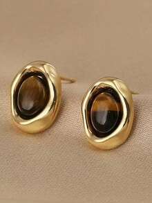 1 Pair Vintage French Style Round Faux Tiger Eye Stone Maillard Clip-On Earrings, Minimalist Geometric Design For Non-Pierced Ears - Yellow Gold - View 6