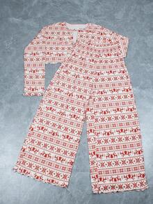 2 piezas Conjunto de pijama de mujer casual con gráfico de Feliz Navidad y Año Nuevo, de punto con cordón, de manga larga y pantalones, adecuado para uso en casa, otoño/todo el año, ropa de invierno - Rojo - Ver 6