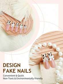 24pcs Extra Long Press On Nails Leopard Print French Fake Nails 3D White Bowknot Decorate Romantic Style False Nails For Women And Girls Nail Supplies - 彩色 - 查看 4