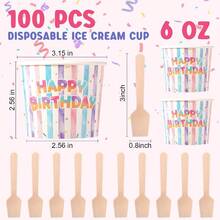 D100 Sets Happy Birthday Ice Cream Party Plies 6 Oz Paper Ice Cream Cups With Wood Spoons BulkBirthday Disposable Sundae Dert Bowls For Hot Or Cold Food Yogurt Bar - 豐富多彩的 - 查看 2