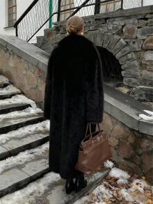 Giolshon Plus Size Mid-Length Faux Fur Coat | Shawl Lapel Collar & Plush Long Pile | Vegan Winter Luxury For Women Curve - 黑色 - 查看 3