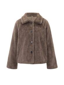 Live To Mo 女士复古风长袖开衫棕色仿皮草外套，适合圣诞节和日常穿着 - 棕色 - 查看 3