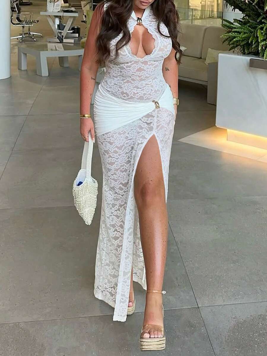 优雅性感镂空蕾丝无袖裹身修身连衣裙，金属装饰高开衩，鸡尾酒会礼服，圣诞节和新年除夕女士服装，情人节服装