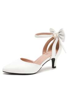 MAIERNISI JESSI Women's Wedding Evening Party Bow Kitten Heels Pumps Ankle Strap Buckle Dress Shoes - 白色霧面 - 查看 9